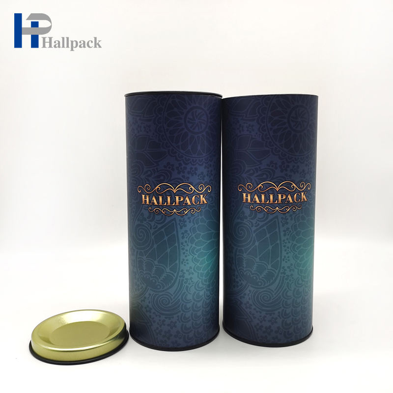 Hallpack الغذاء الصف الكرتون اسطوانة الحاويات غطاء معدني أنبوب دائري التعبئة والتغليف