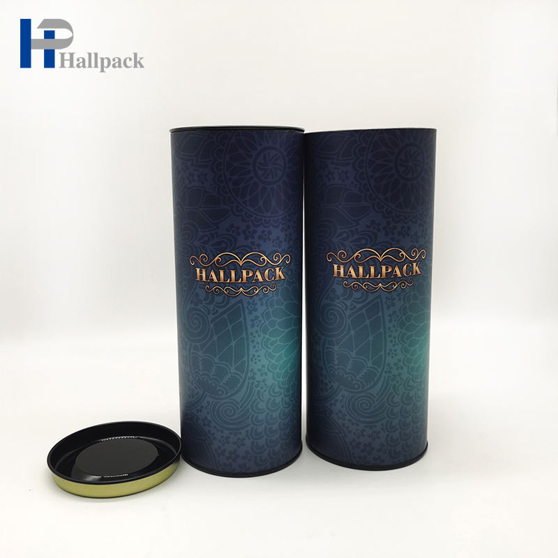 Hallpack الغذاء الصف الكرتون اسطوانة الحاويات غطاء معدني أنبوب دائري التعبئة والتغليف